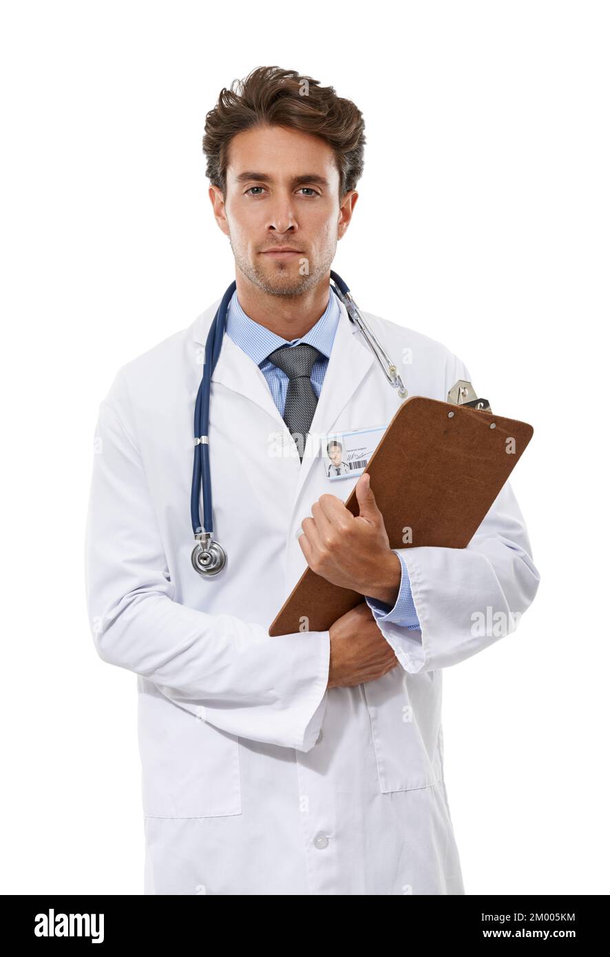 Serious about healthcare. Studio portrait of a serious-looking young doctor holding a clipboard. Stock Photo