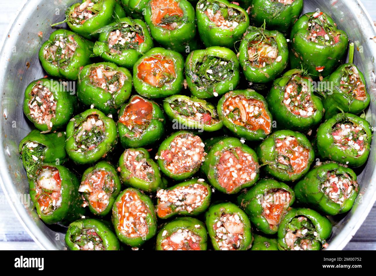 Pile of filled bell peppers stuffed Egyptian mahshi and filled with