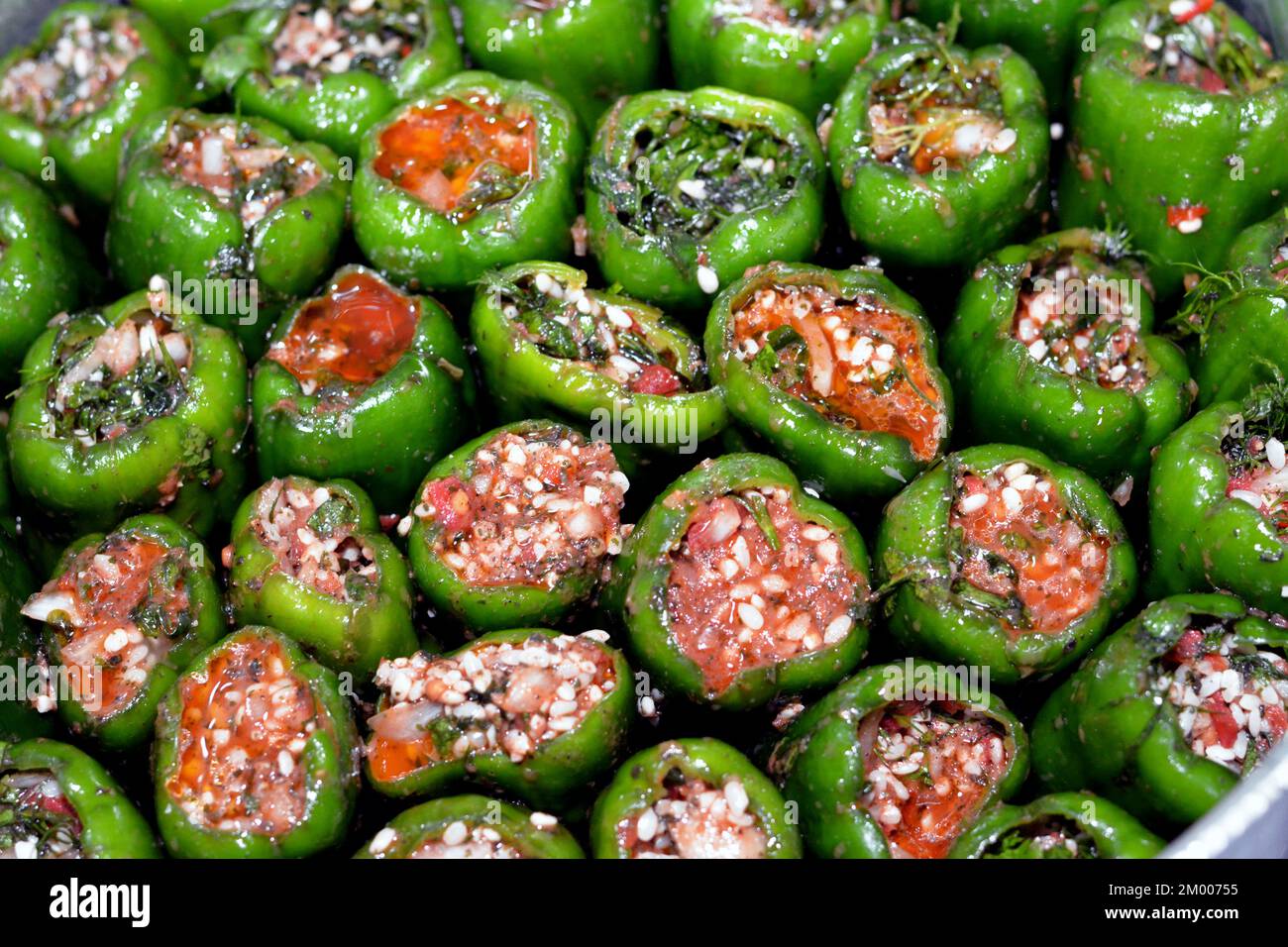 Pile of filled bell peppers stuffed Egyptian mahshi and filled with