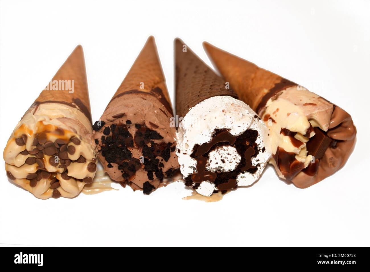 Collection of different types of Ice cream cones of cocoa chocolate and