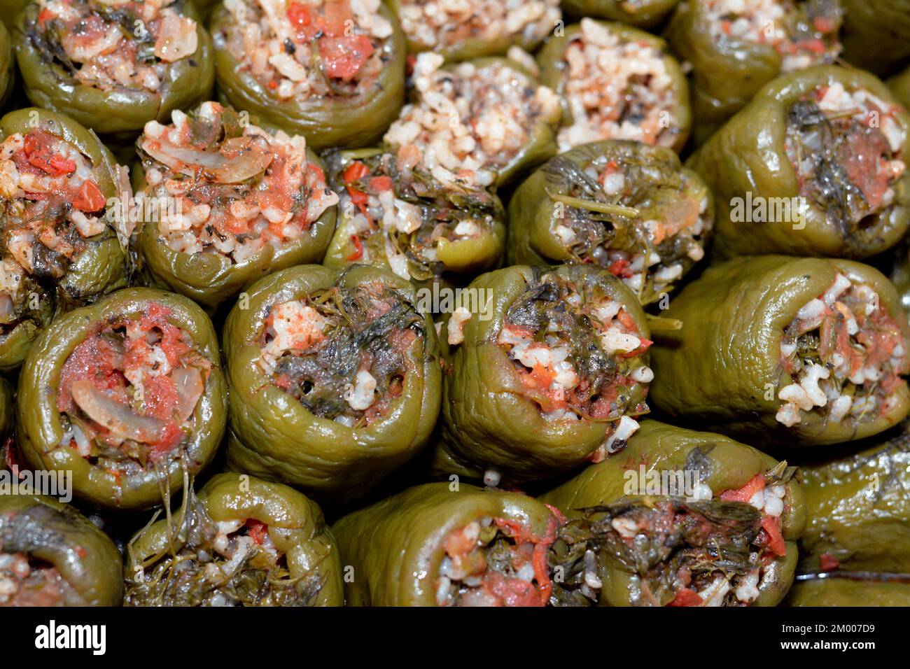 Pile of filled bell peppers stuffed Egyptian mahshi and filled with