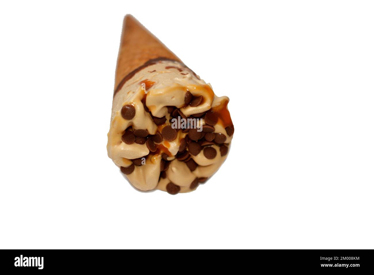 Ice cream of cocoa chocolate and vanilla cone with topping of chocolate
