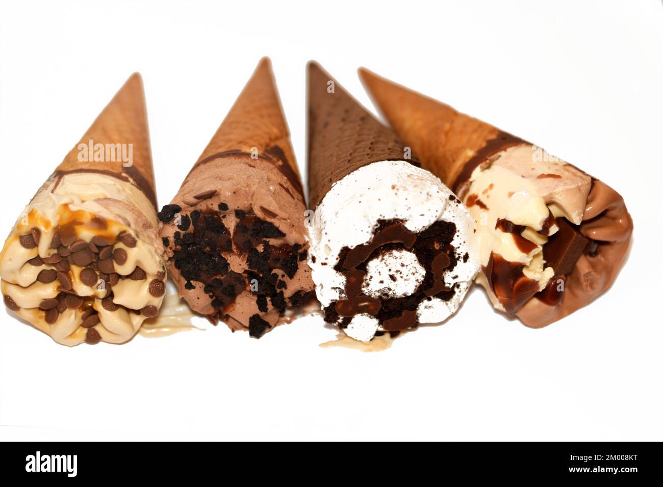Collection of different types of Ice cream cones of cocoa chocolate and