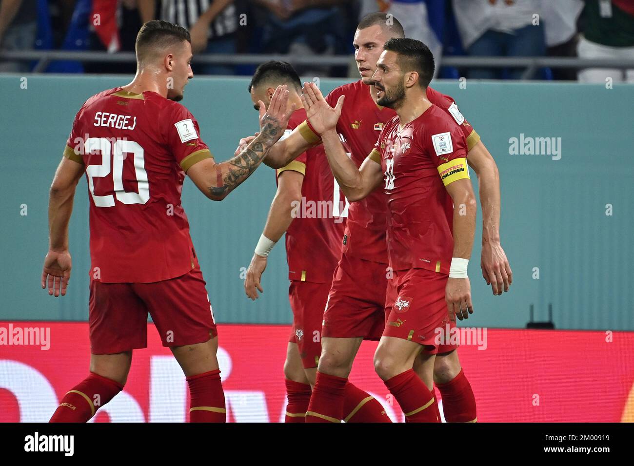 Doha, Katar. 02nd Dec, 2022. goaljubel around MITROVIC Aleksandar (SRB, re) after goal to 1-1, jubilation, joy, enthusiasm, action with MBEUMO Bryan (SRB). Serbia (SRB) - Switzerland (SUI) 2-3 Group stage Group G, Game 47 on 02.12.2022, Stadium 974, Football World Cup 2022 in Qatar from 20.11. - 18.12.2022 ? Credit: dpa/Alamy Live News Stock Photo