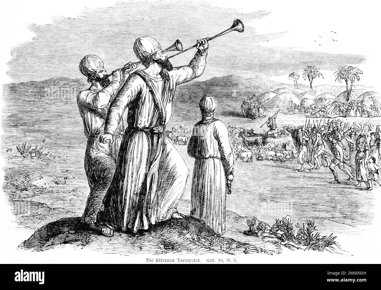 The silver trumpets, crowd, departure, animals, palm trees, landscape, mountains, Old Testament