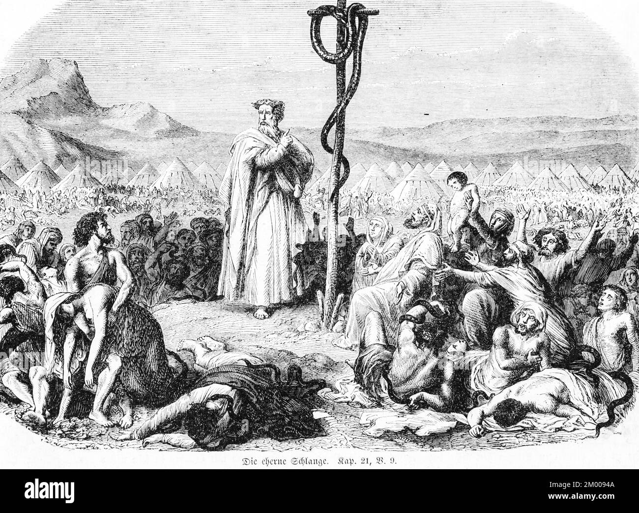 The brazen serpent, death, life, bite, poisonous, crowd, tents, cross, landscape, mountains, sin, punishment, Moses, God, mourning, Bible, Old Testame Stock Photo