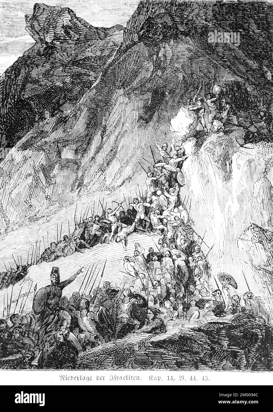 Defeat of the Israelites, warriors, crowd, battle, weapons, spears, Amorites, Cananites, Horma, Amorite Mountains, Khalasa, mountains, landscape, Old Stock Photo