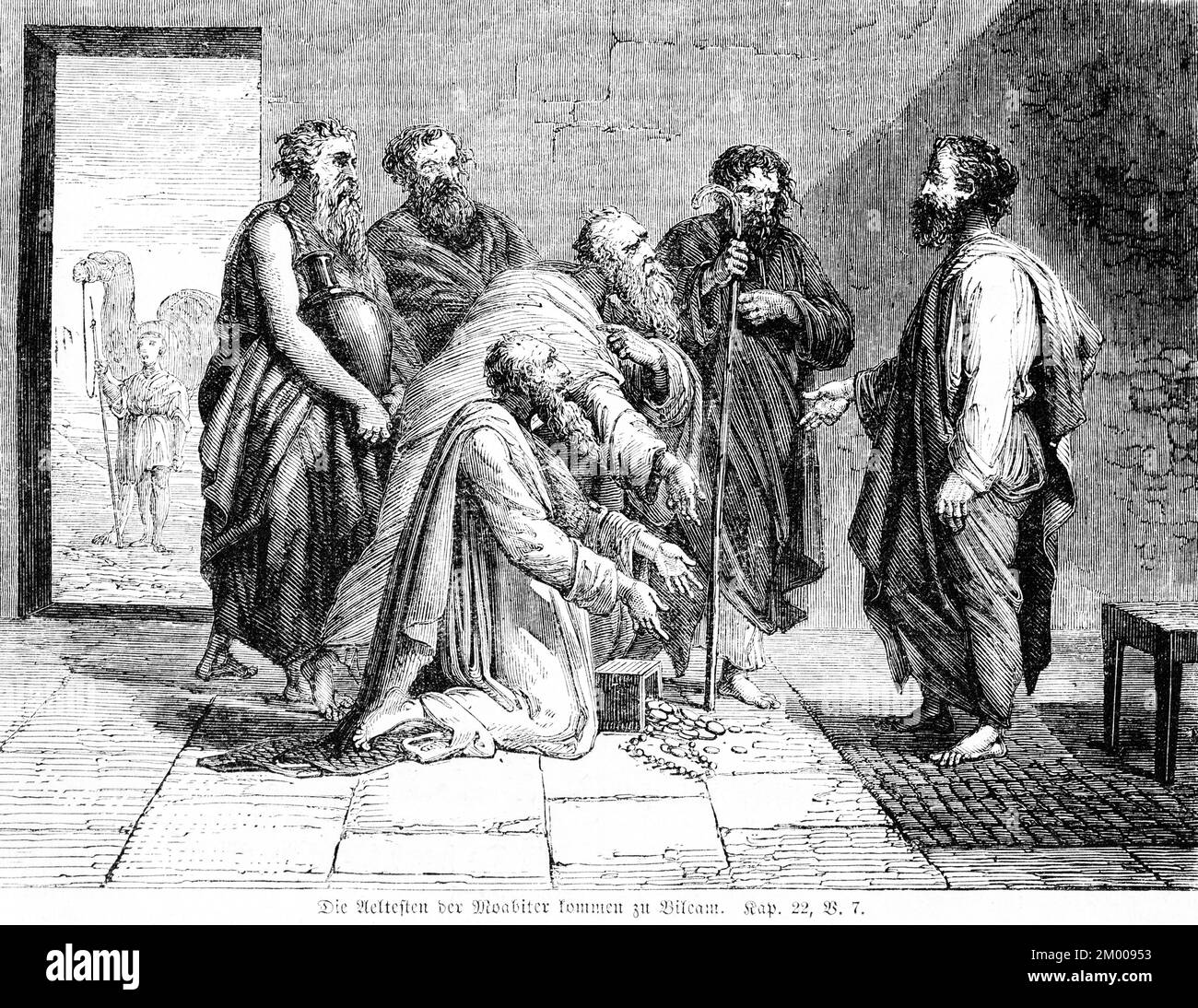 The elders of Moab come to Balaam, group, old men, princes, gold, greed, kneel, age, divination, staff, Balak, interior, camel, Bible, Old Testament, Stock Photo