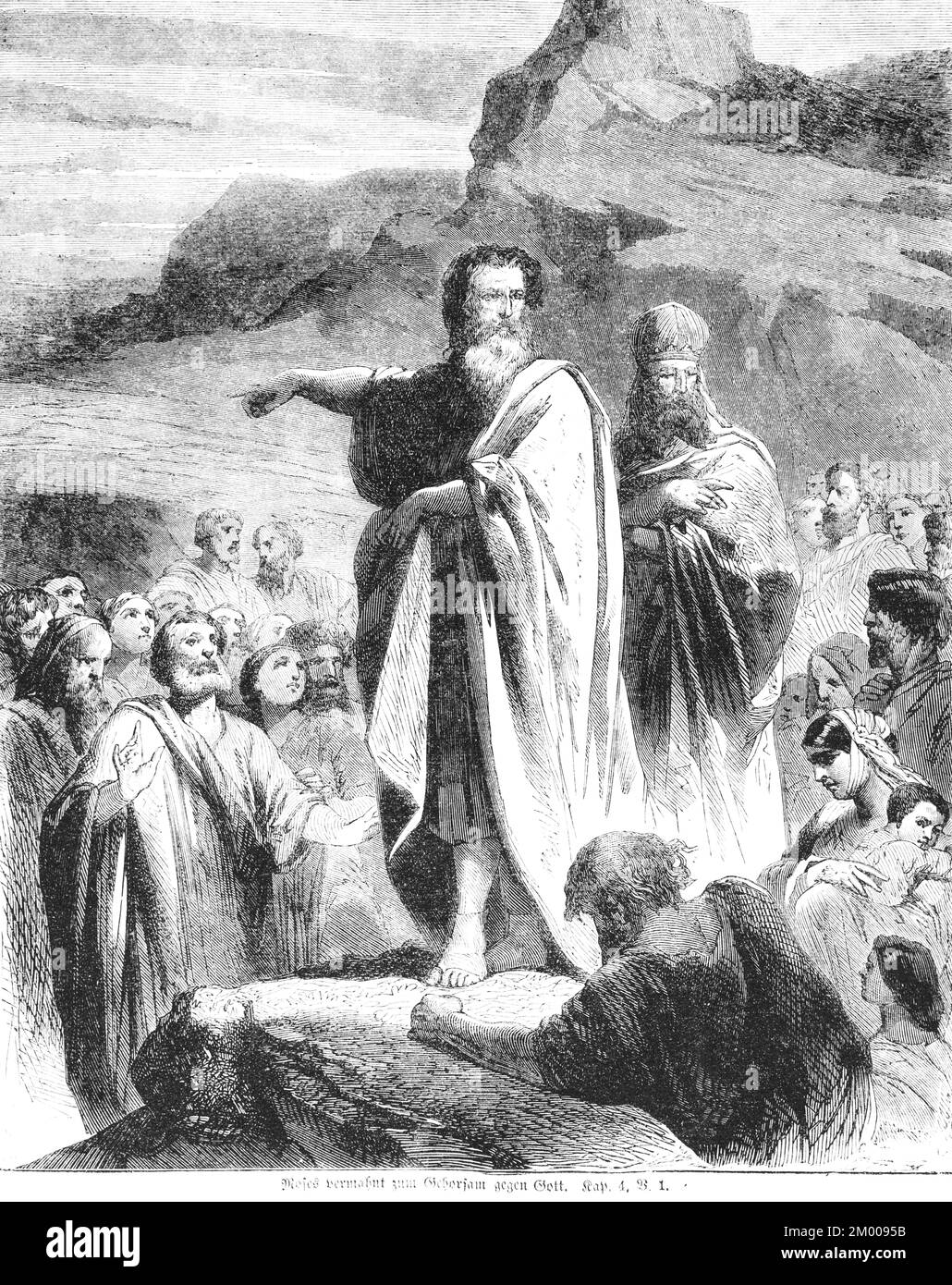 Moses exhorts to obey God, Israel, commandments, rights, teach, land, exhortation, speak, crowd, mountains, Bible, Old Testament, Book of Deuteronomy, Stock Photo
