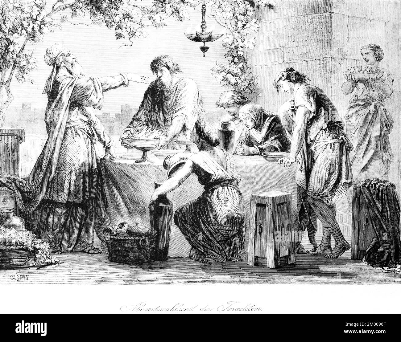 Israelites' supper, supper, group, sit, priest, table, stool, dine, outside, oil lamp, baskets, speak, Bible, Old Testament, Book of Deuteronomy, chap Stock Photo