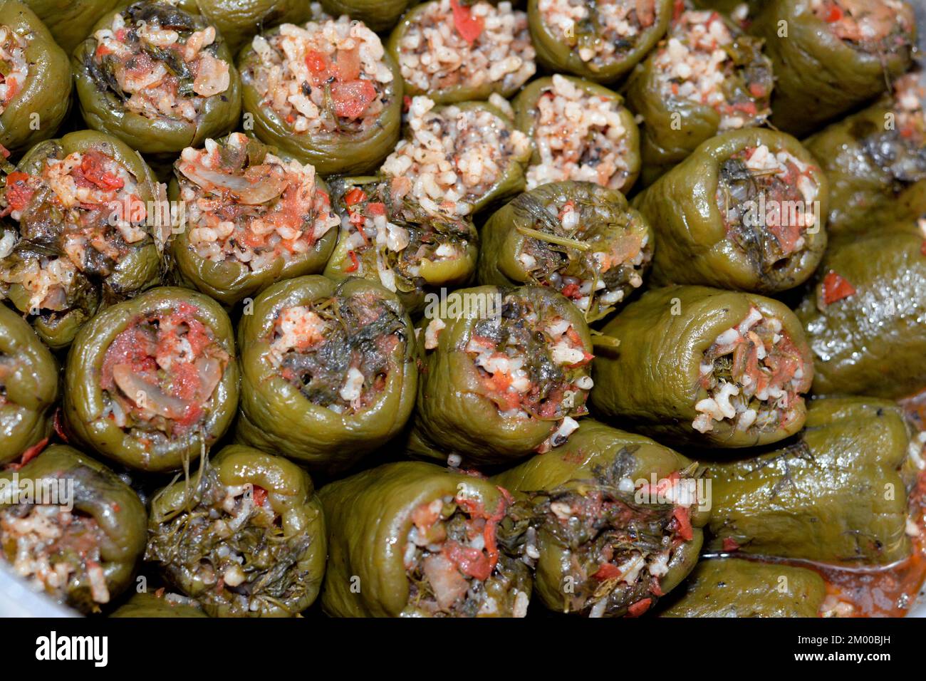 Pile of filled bell peppers stuffed Egyptian mahshi and filled with