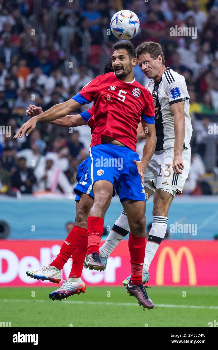 Al Chaur, Qatar. 01st Dec, 2022. Soccer: World Cup, Costa Rica - Germany, preliminary round, Group E, Matchday 3, Al-Bait Stadium, Costa Rica's Celso Borges (l) in action against Germany's Thomas Müller (r). Credit: Tom Weller/dpa/Alamy Live News Stock Photo