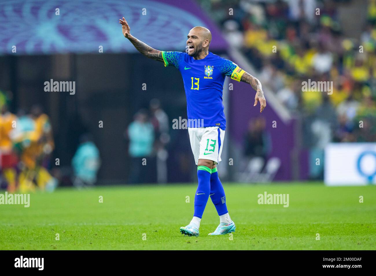 Lusail, Qatar. 02nd Dec, 2022. Soccer: World Cup, Cameroon - Brazil, preliminary round, Group G, Matchday 3, Lusail Stadium, Brazil's Dani Alves gestures. Credit: Tom Weller/dpa/Alamy Live News Stock Photo