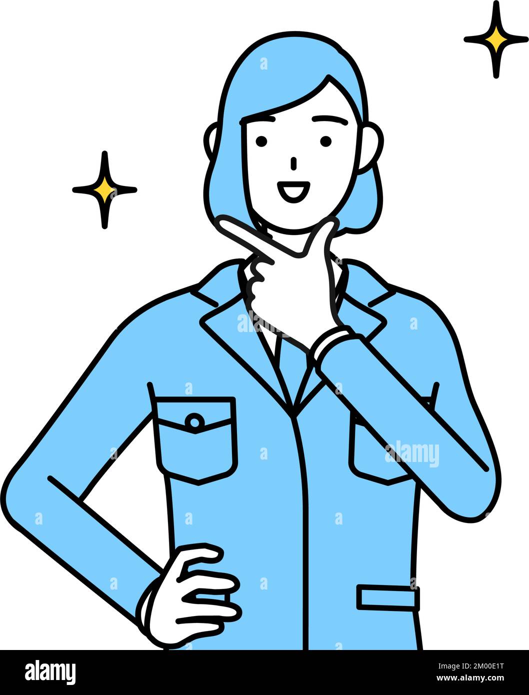 Simple line drawing illustration of a woman in work wear in a confident