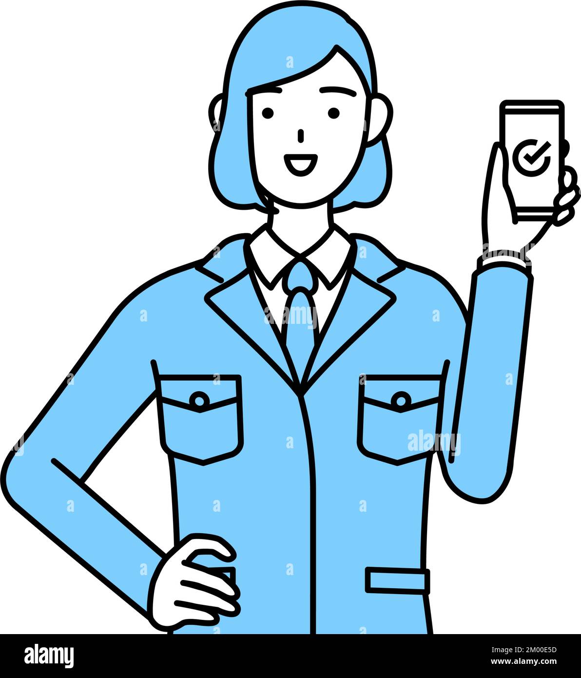 Simple line drawing illustration of a woman in work wear using a smartphone at work. Stock Vector