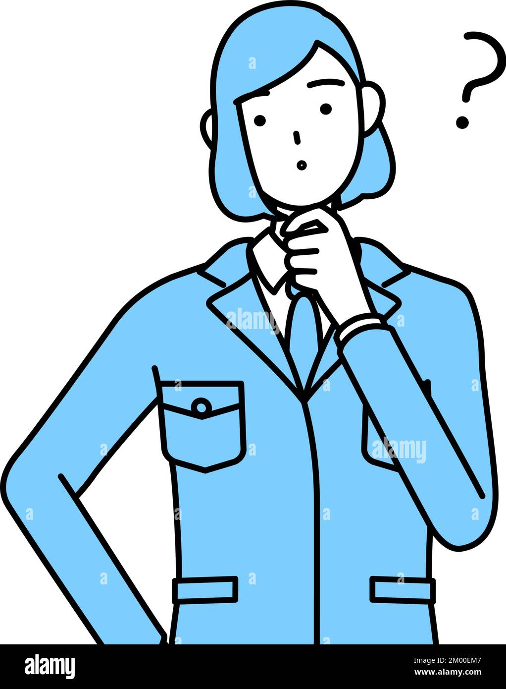 Simple line drawing illustration of a woman in work wear with questions