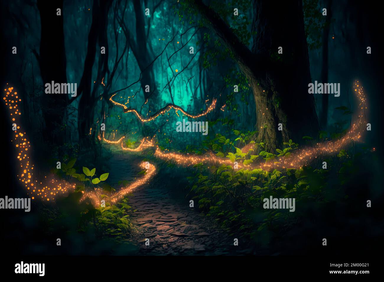 Magical forest path with glowing fireflies . Night magical fantasy forest.  Forest landscape Stock Photo - Alamy
