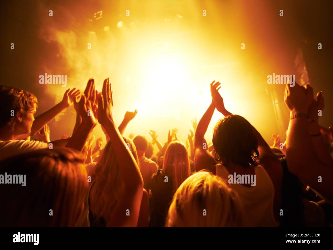 Music, concert and crowd with light, clapping for live performance, rock event and band on stage at night. People, audience and music festival, audio Stock Photo