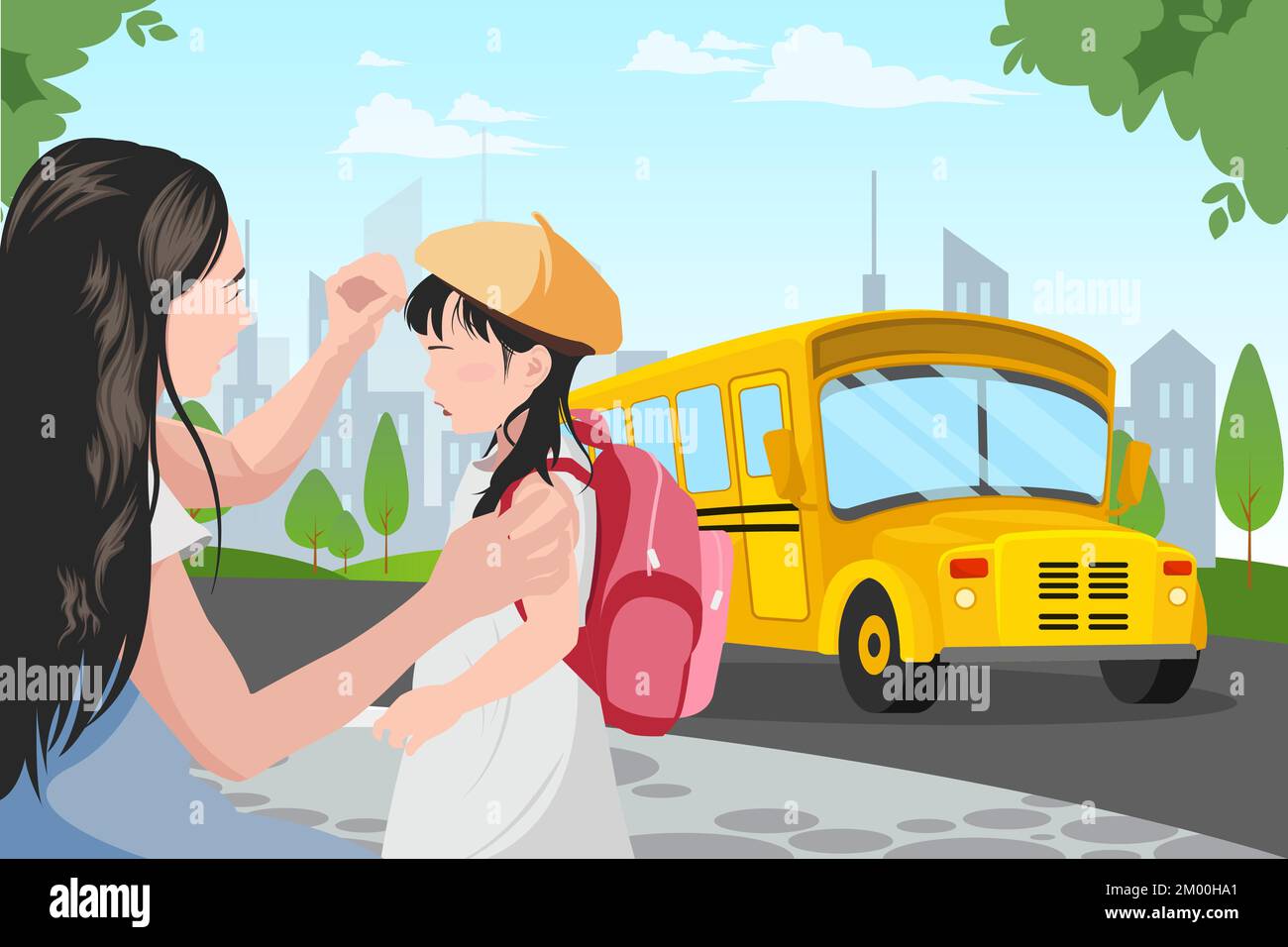 young asian mother saying goodbye to schoolgirl daughter Stock Vector