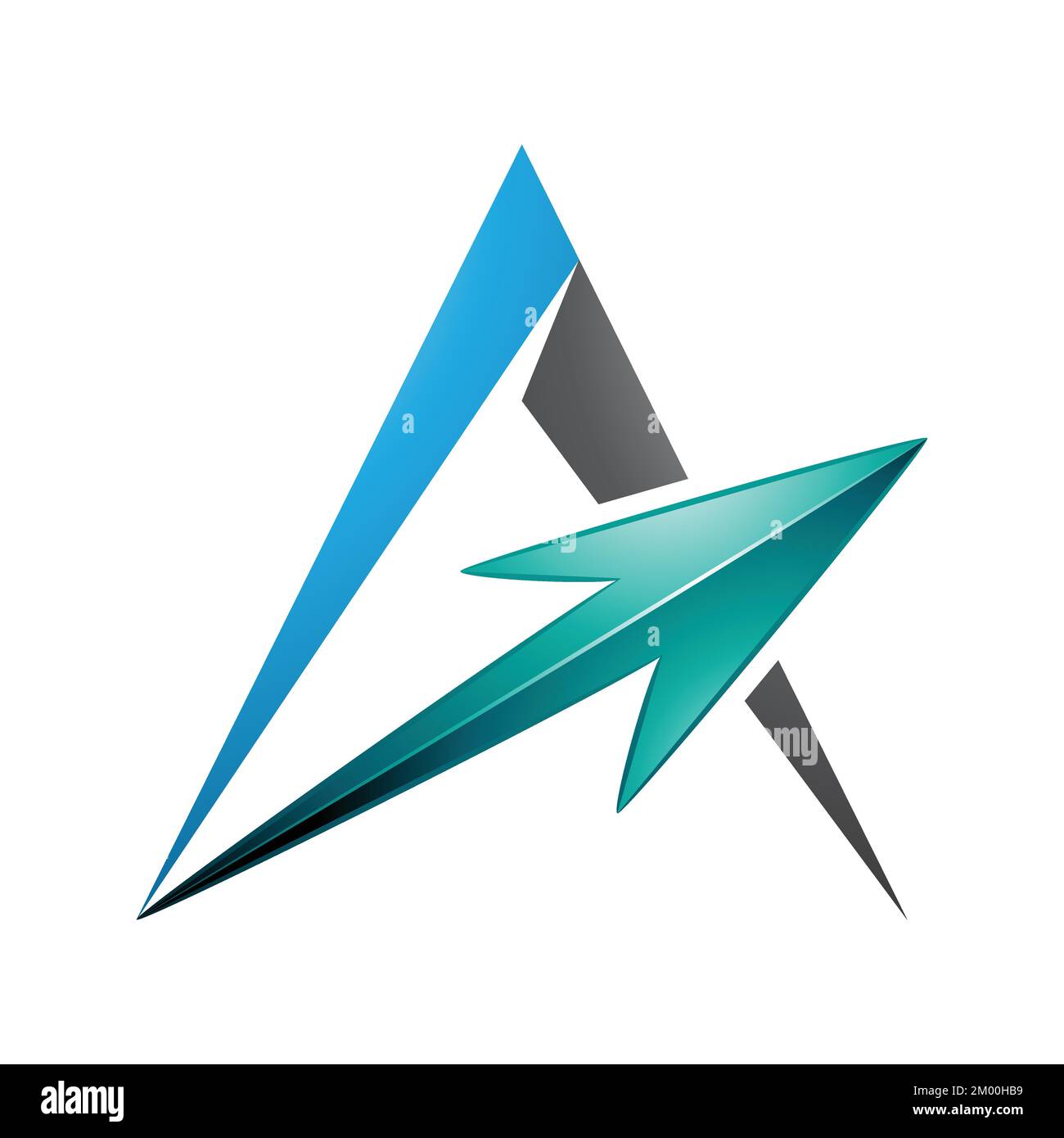 Illustration of Spiky Triangular Blue and Black Letter A with a Persian Green Arrow isolated on a White Background Stock Vector