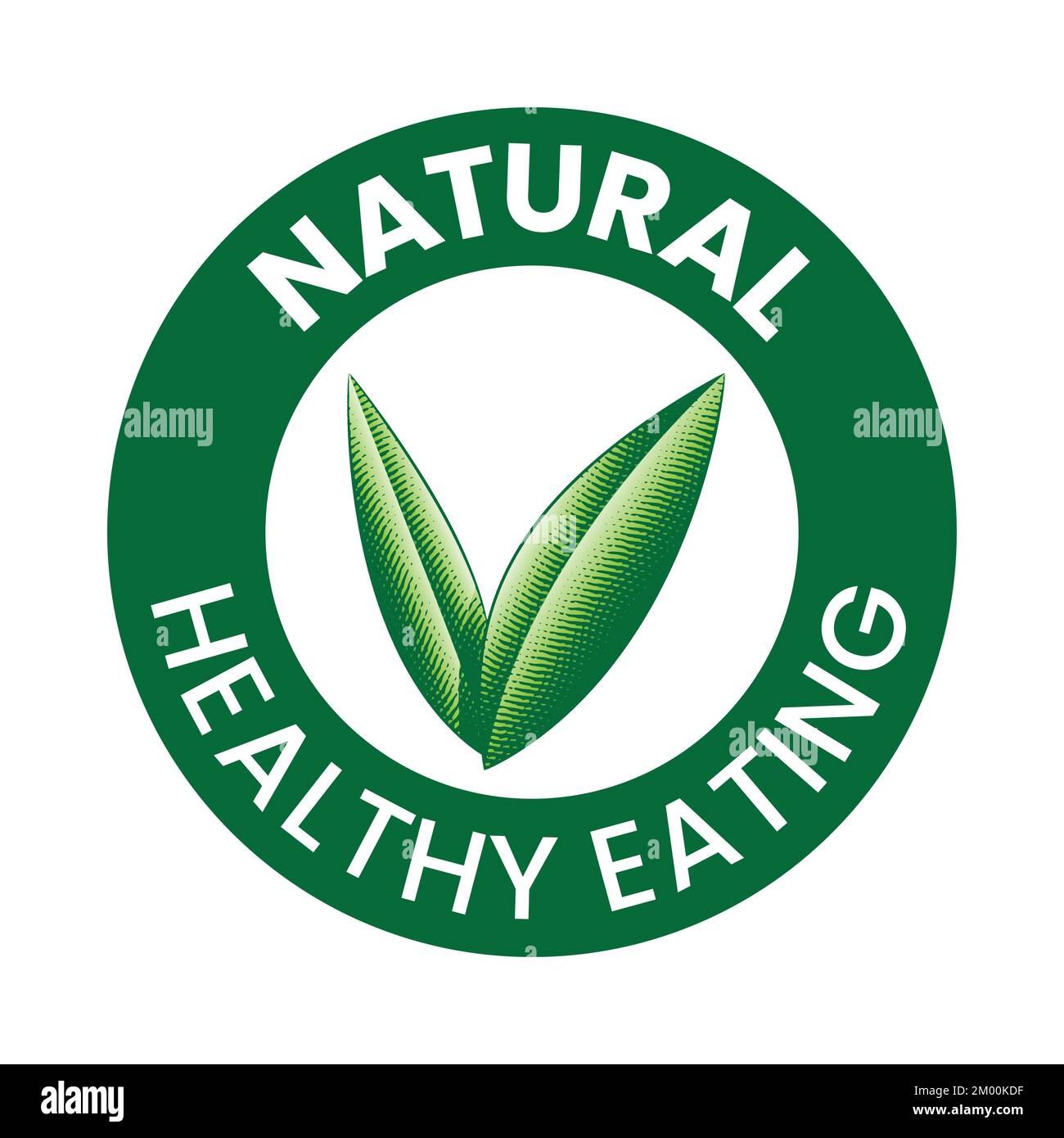 Natural Healthy Eating Round Icon with Engraved Green Leaves isolated ...