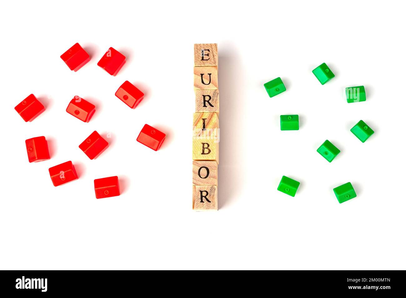 View From Above on Word EURIBOR Is Written In Wooden Letters On White Background, On Sides Small Houses of Red and Green Color. Copy paste. Concept of Stock Photo