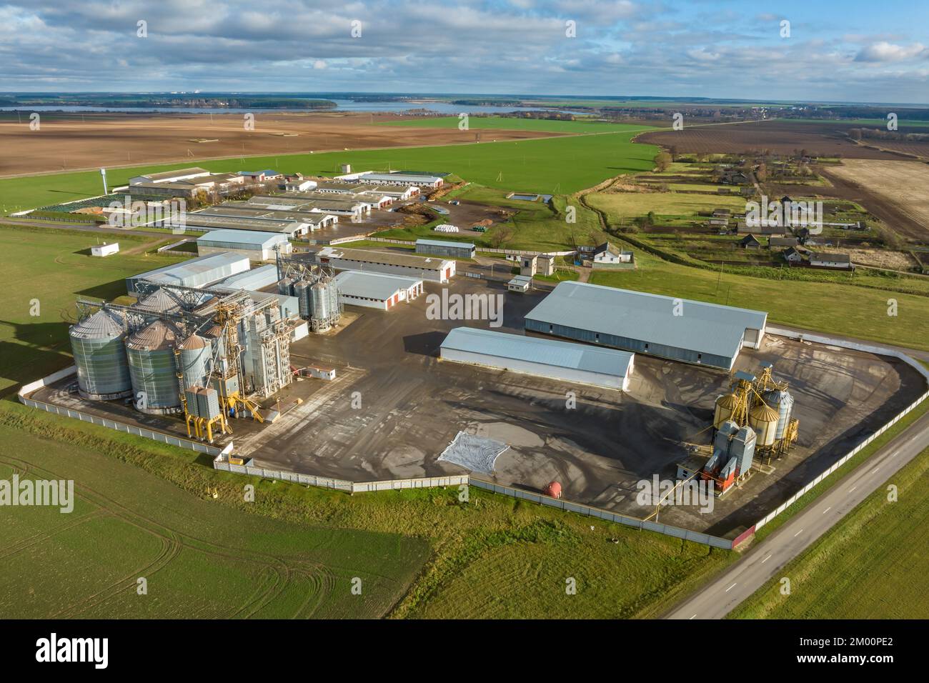 aerial view of a huge agro-industrial complex with silos and grain ...