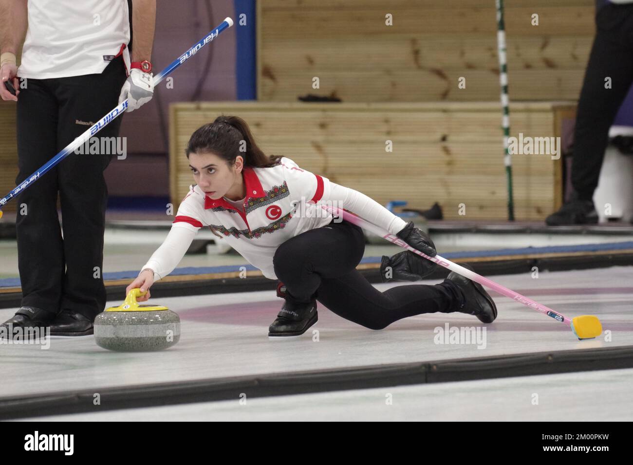 Dumfries, Scotland, 3 December 2022. Dilsat Yildiz playing for Turkiye in the World Mixed Doubles Qualification Event 2022 at Dumfries Ice Bowl. Credit: Colin Edwards/Alamy Live News Stock Photo