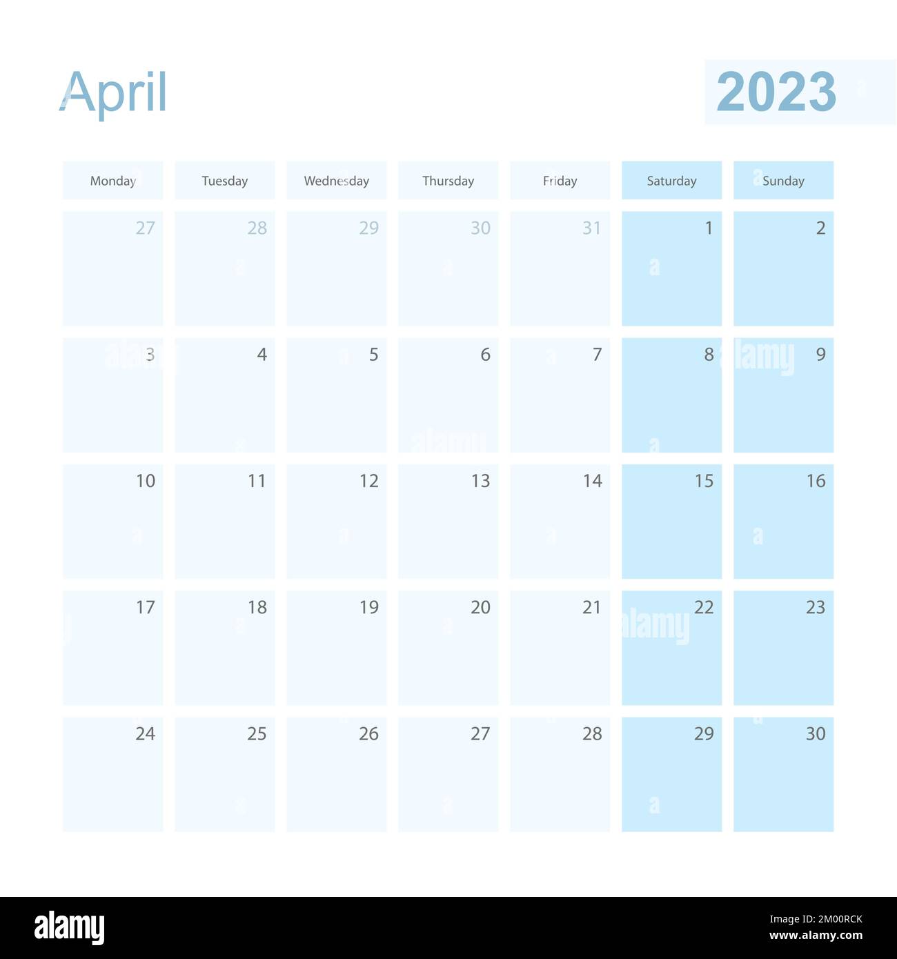 2023 April wall planner in blue pastel color, week starts on Monday ...
