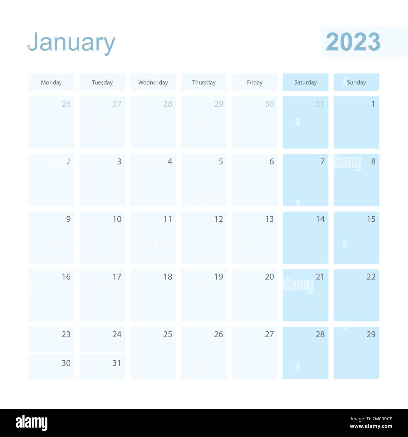 2023 January wall planner in blue pastel color, week starts on Monday. Calendar for January 2023 with blue square and with day of previous and next mo Stock Vector