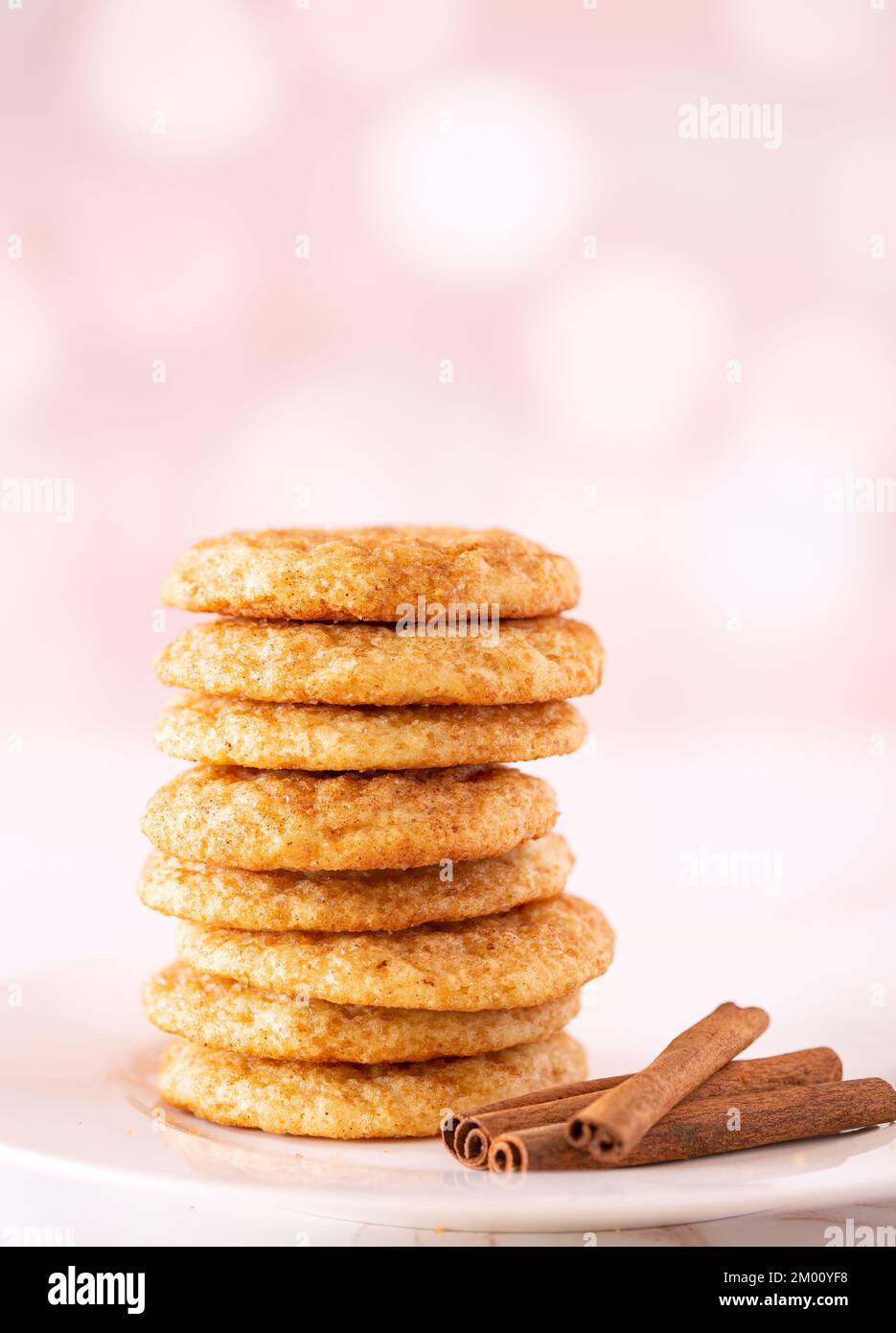 Stack of homemade snickerdoodle cookies with cinnamon sticks with copy space Stock Photo