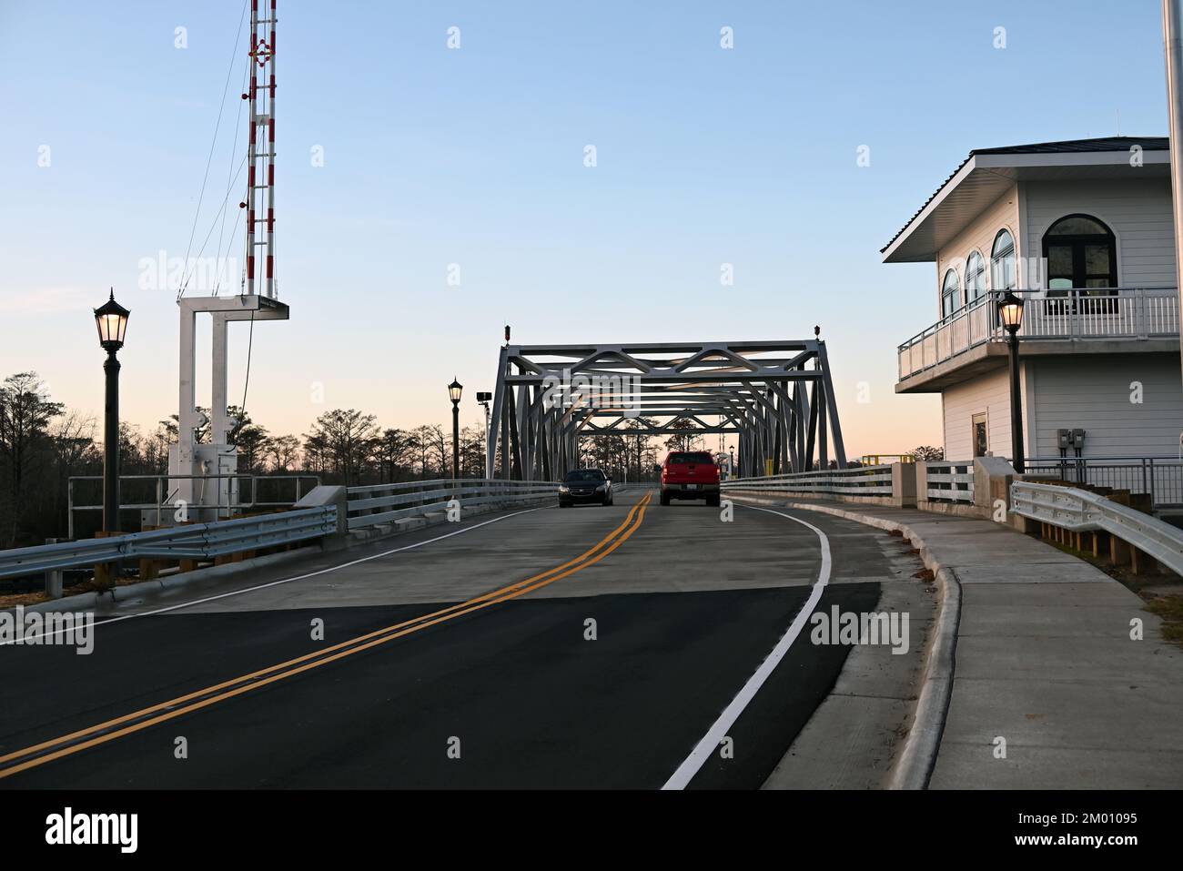 The approach to the new steel swing steel trestle 'Sky Bridge' over the Perquimans River at the edge of town in Hertford, North Carolina Stock Photo