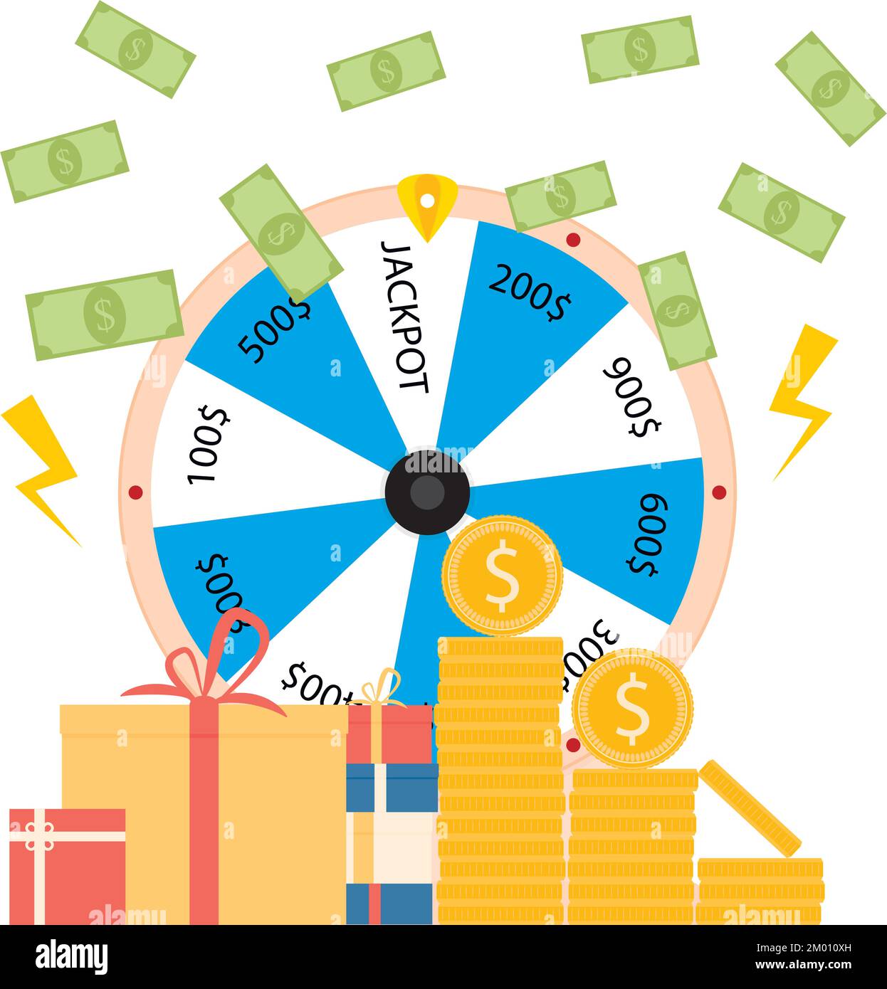 Win in lottery, wheel fortuna, gambling game award. Vector illustration. Fortuna play, success casino game, rotate slot, gold coin, dollar banknote, c Stock Vector