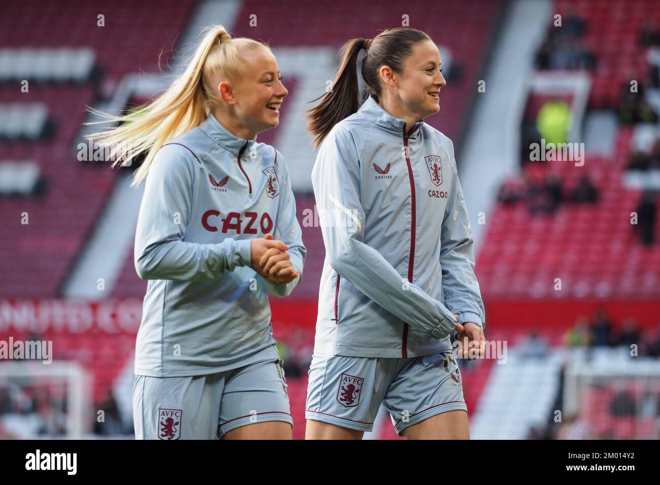 Manchester, UK. 03rd Dec, 2022. Manchester, England, December 3rd 2022: Freya Gregory (18 Aston Villa) and Danielle Turner (14 Aston Villa) warm up during the Barclays FA Womens Super League game between Manchester United and Aston Villa at Old Trafford in Manchester, England (Natalie Mincher/SPP) Credit: SPP Sport Press Photo. /Alamy Live News Stock Photo