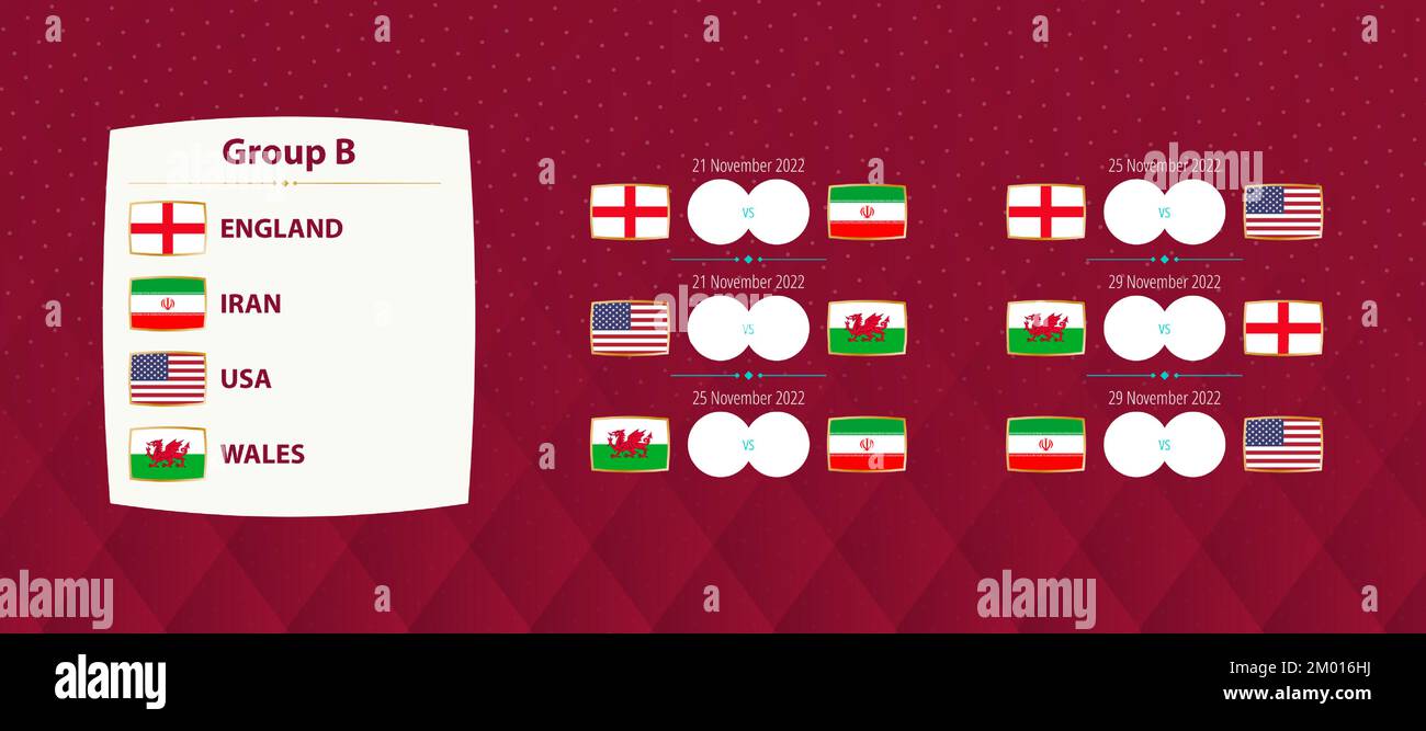 Football international tournament Group B matches, national soccer team schedule matches for 2022 competition. Vector template. Stock Vector