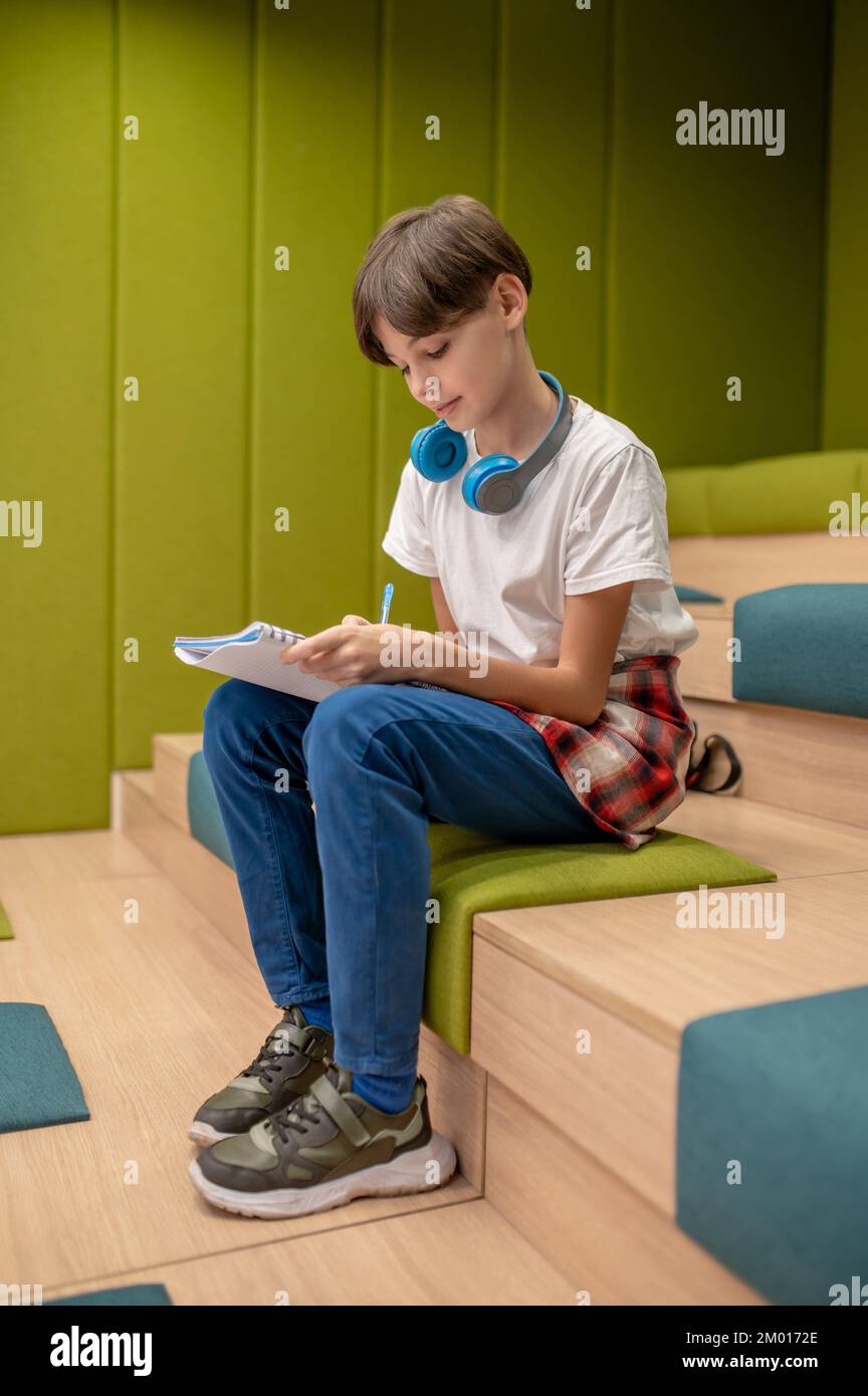 At school. A schoolboy writing something and looking involved. Stock Photo