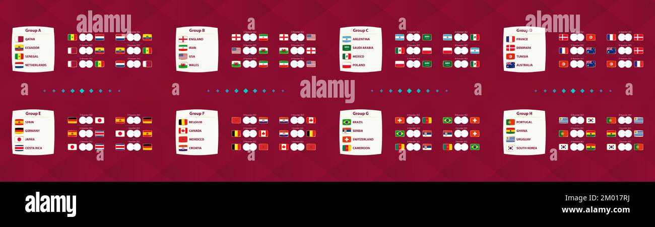 All groups and matches in group of Football international tournament, national soccer team schedule matches for 2022 competition. Vector template. Stock Vector