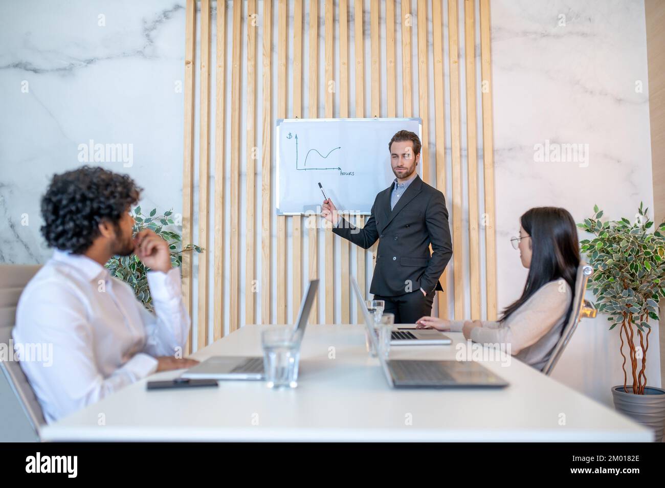 Office manager pointing with a marker at the salary curve on the