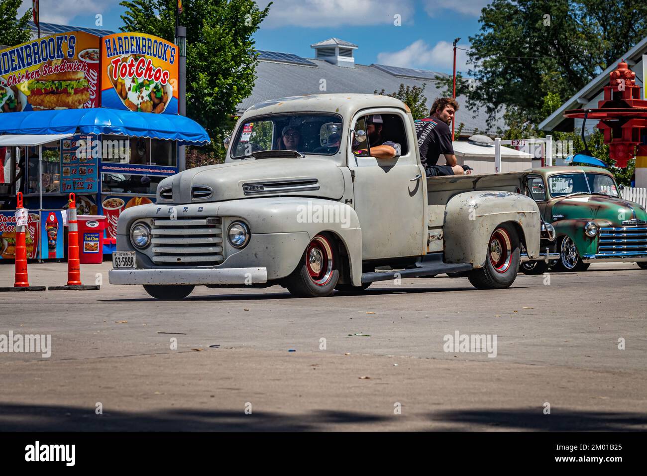 Des Moines, IA - July 03, 2022: Wide angle front corner view of 1948 Ford F1 Pickup Truck a at a local car show Stock Photo