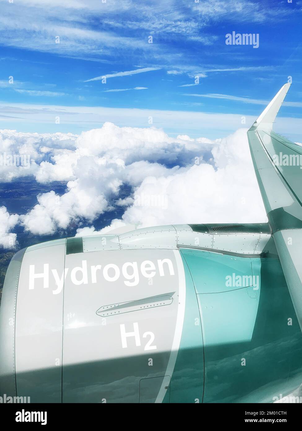 Experimental Airplane with Hydrogen H2 fuel flying high up in the