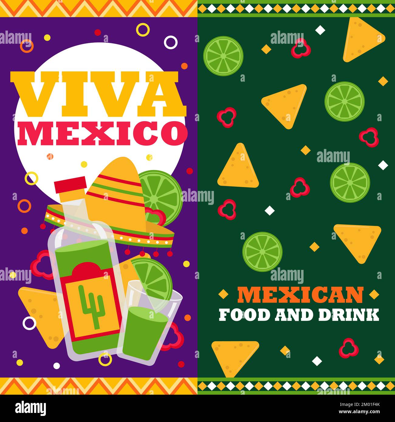 Cartoon mexican food. Vertical vector banners. Promo vector illustration. Mexican restaurant. Lime, nachos and pepper elements Stock Vector