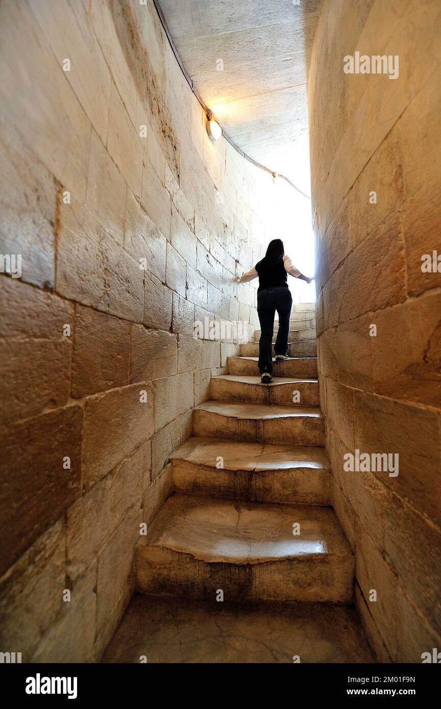Young woman climbing the stairs inside the Leaning Tower of Pisa in the