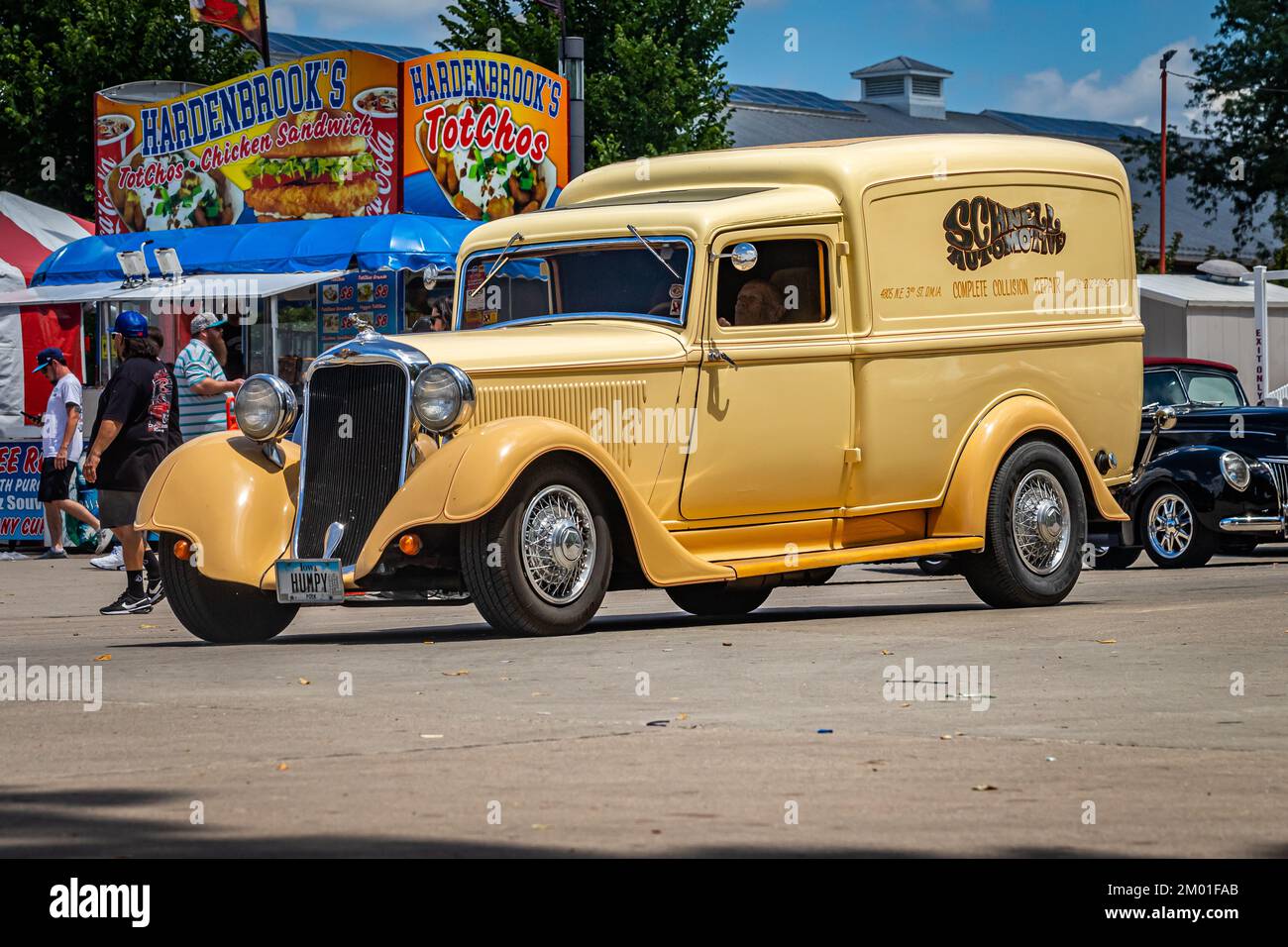 Des Moines, IA - July 03, 2022: Wide angle front corner view of a 1934 Dodge Brothers Humpback Panel Truck at a local car show Stock Photo