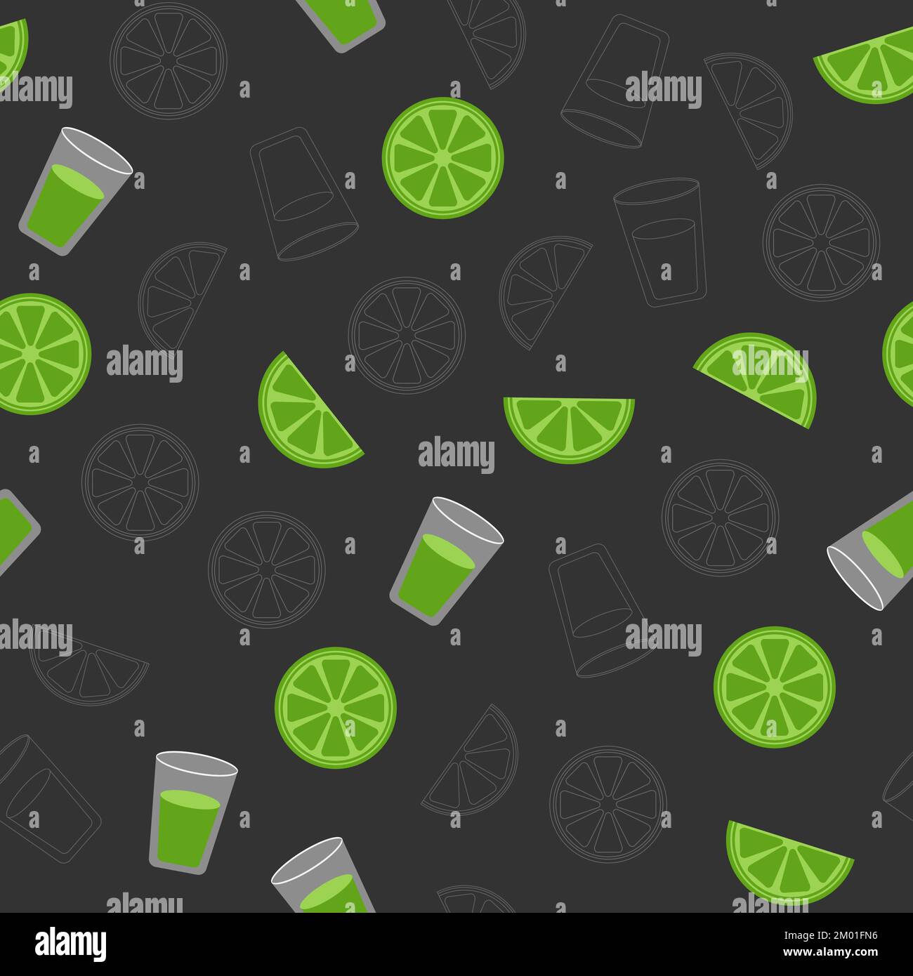 Colored seamless vector pattern of tequila shots with ltme. Pattern for wrapping, textile, design Stock Vector