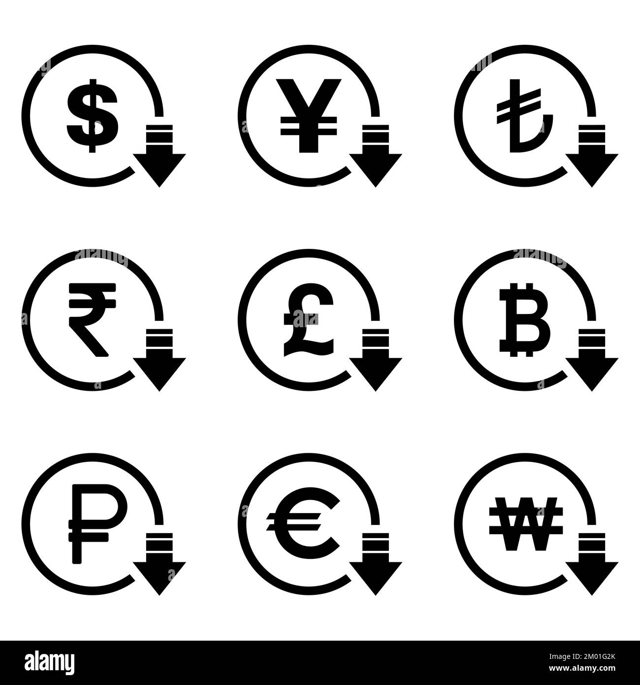 Cost reduction- decrease dollar euro icon. Vector symbol image isolated on background . Stock Vector