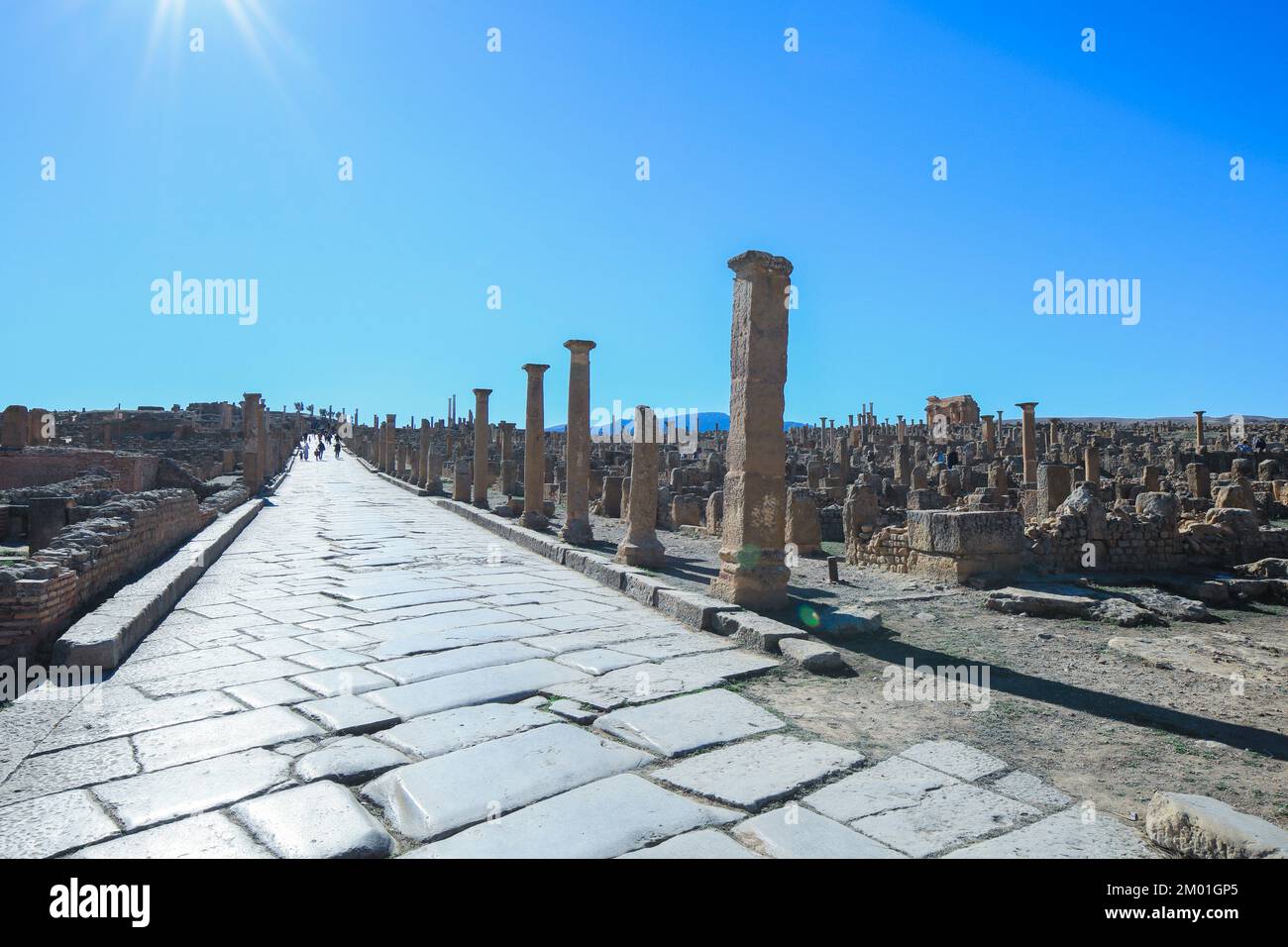 View to the Ruins of an Ancient Roman city Timgad also known as Marciana Traiana Thamugadi in the Aures Mountains, Algeria Stock Photo