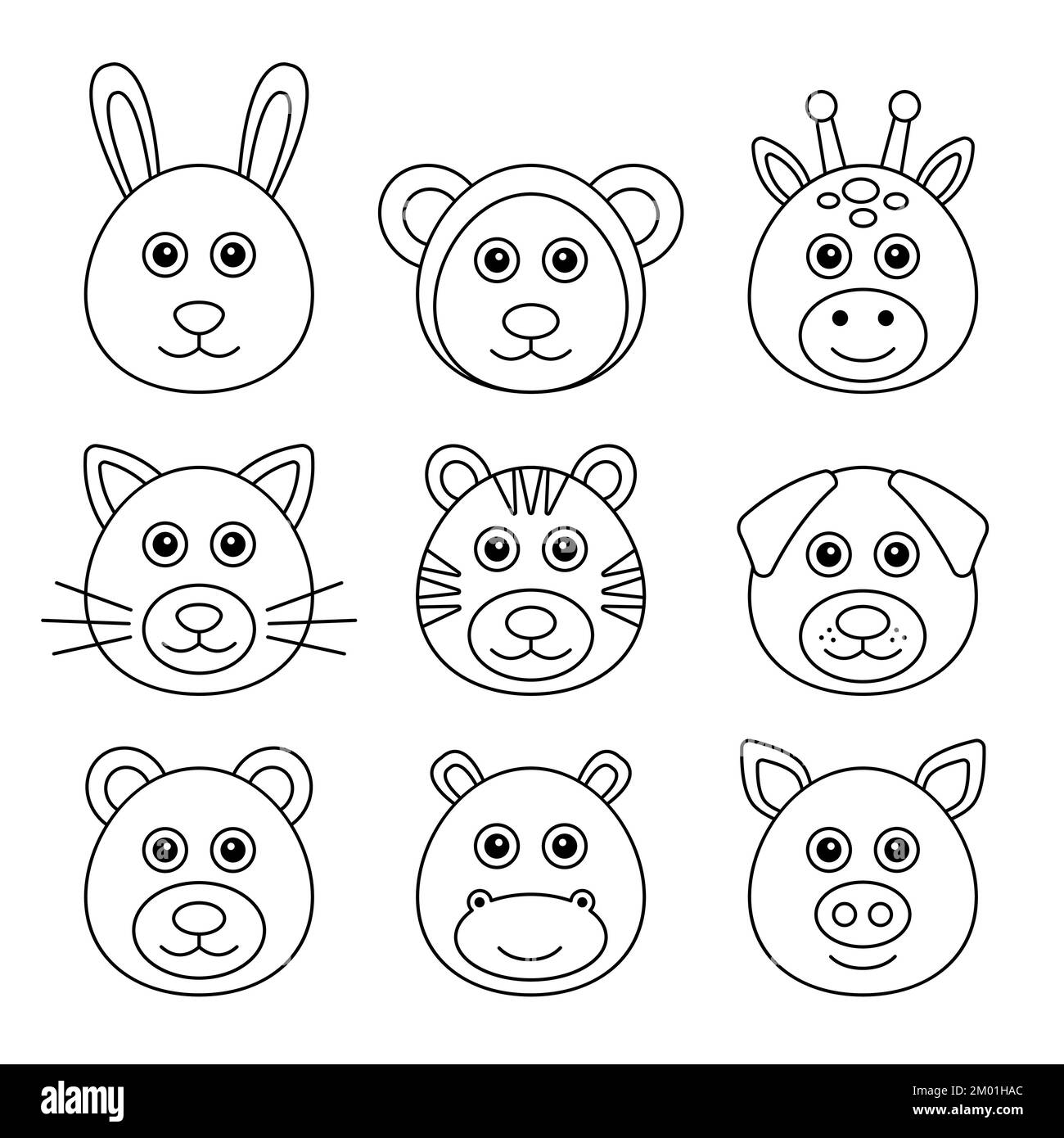 Set of outline cute heads zoo animals. cat, bear, hippo, rabbit, tiger, giraffe, monkey, dog, pig. Vector illustration Stock Vector