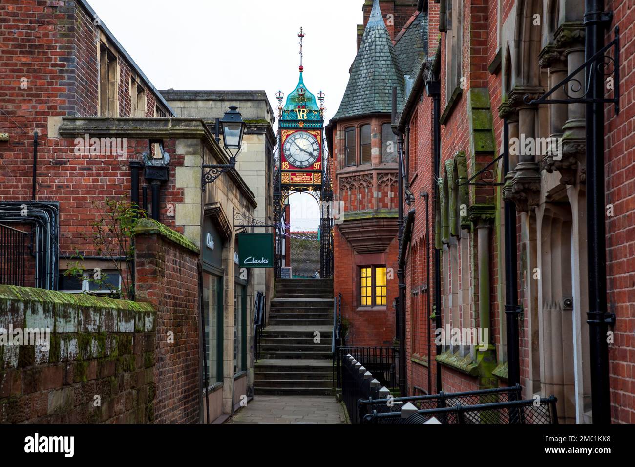 Chester, United Kingdom - November 30th, 2022: The Eastgate Clock Tower is at the entrance of the old town in Chester. Stock Photo