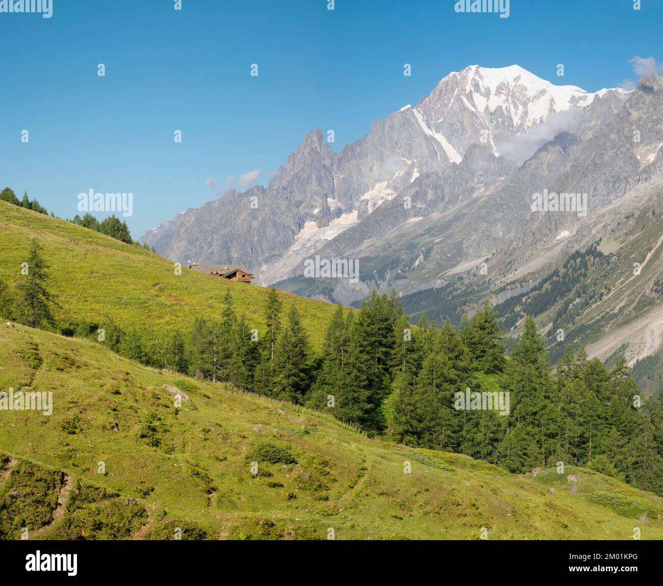 The Mont Blanc massif from Val Ferret valley in Italy. Stock Photo