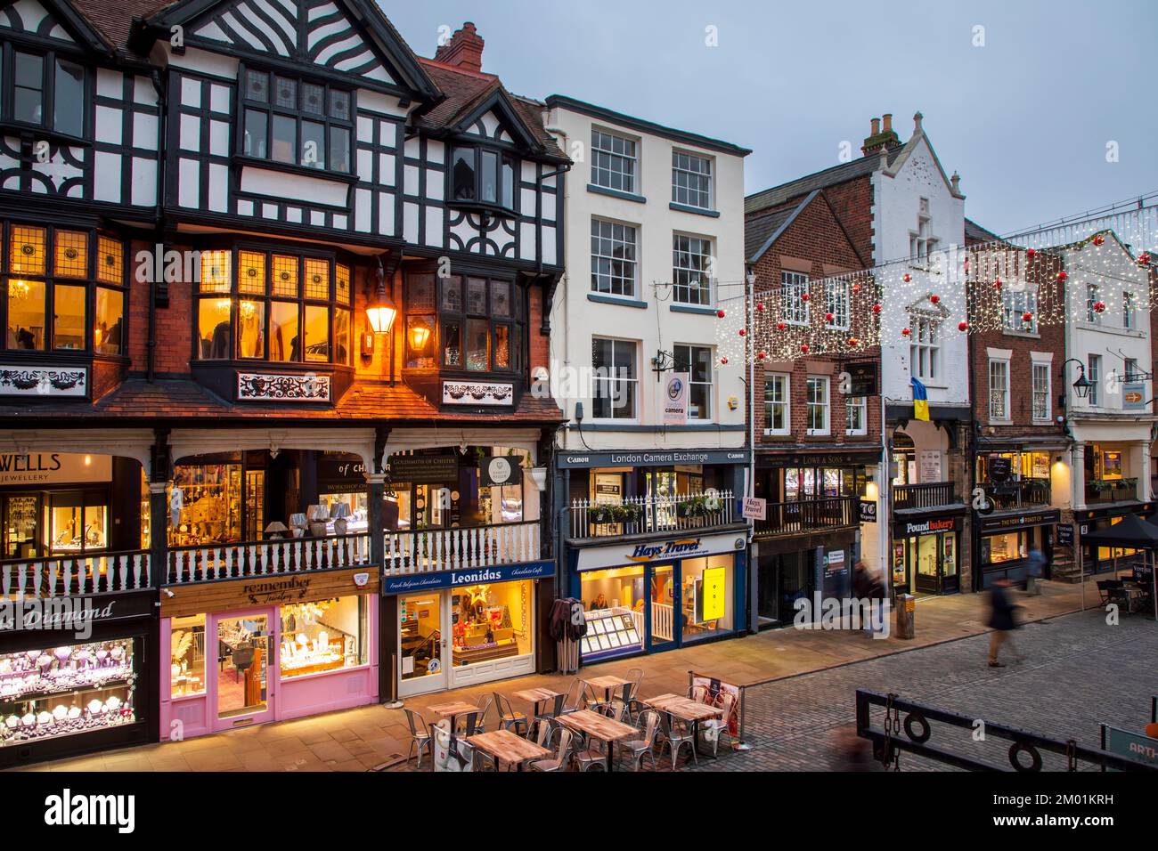 Chester, United Kingdom - November 30th, 2022: Christmas lights decorate old town of Chester Stock Photo
